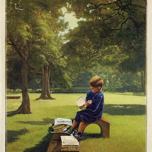 Prompt: a young boy reading a book about atoms sat in a public park, a sense of awe, warm dappled light, trees, in the style of norman rockwell