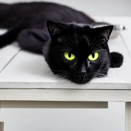 Image similar to studio photograph of a black cat sitting on a white table