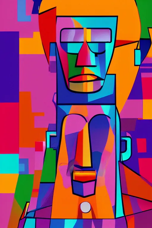 Image similar to cubist moai statue cutout digital illustration cartoon colorful beeple