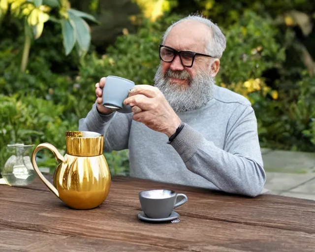 Prompt: mr robert is drinking fresh tea in a garden from spiral mug, detailed face, wearing glasses, grey beard, golden hour, chubby hairs