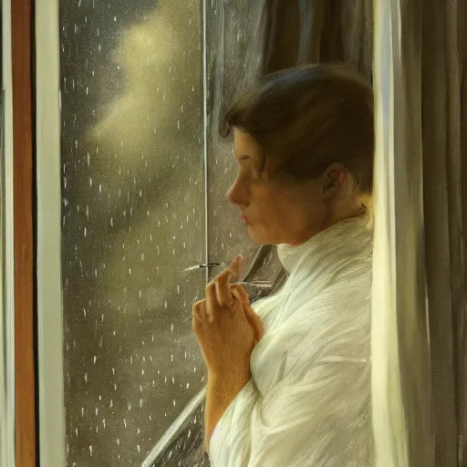 Image similar to silhouette of a woman gazing out her window at the rain, extremely detailed masterpiece, oil on canvas, somber, in the world of Andrew Wyeth, artstation, by J. C. Leyendecker and Peter Paul Rubens,