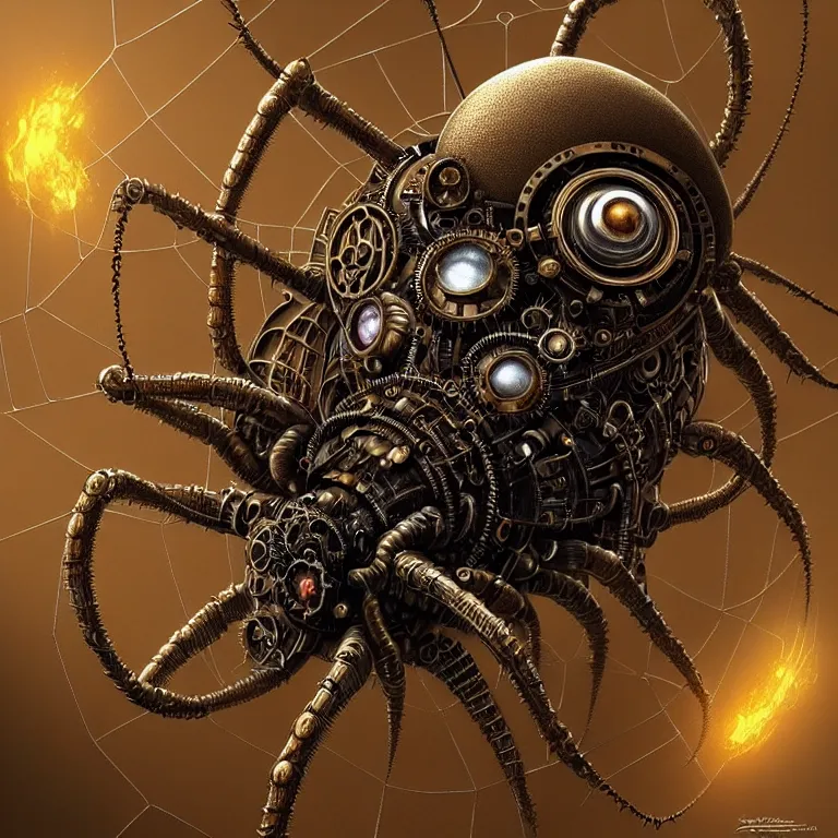 Prompt: steampunk spider, biomechanical, very coherent symmetrical artwork, cinematic, 3 d model, unreal engine realistic render, 8 k, micro detail, intricate, elegant, highly detailed, centered, digital painting, artstation, smooth, sharp focus, illustration, artgerm, tomasz alen kopera, by wlop