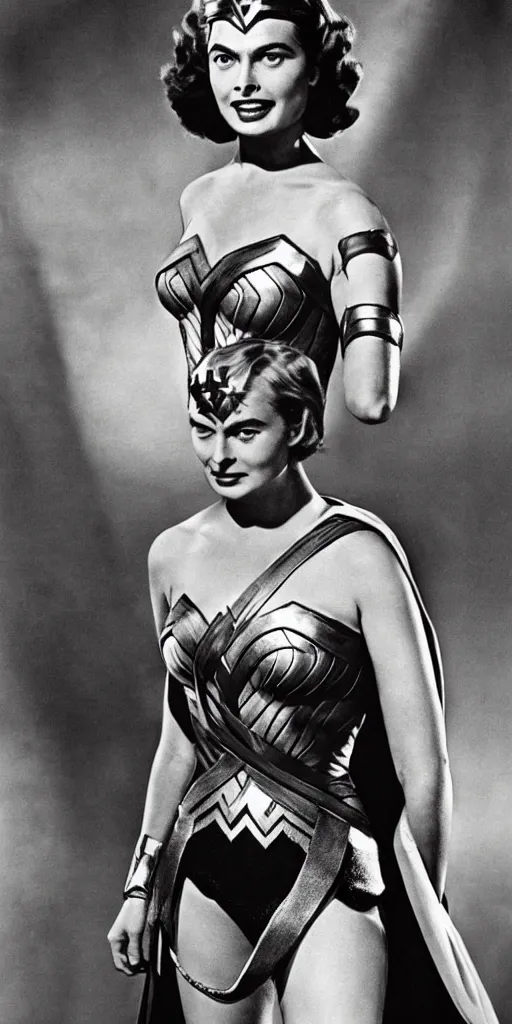 Prompt: ingrid bergman as wonder woman. colourful. 1 9 5 0 s. symmetrical. beautiful. powerful.