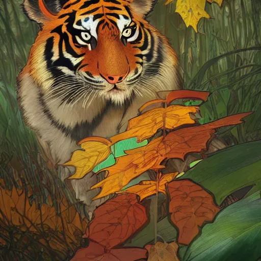 Image similar to a highly detailed portrait of cartoon tiger, leaf fan, small fires and sun, autumn leaves on the ground, concise lines, ultradetailed environment, sharp focus, cinematic lighting, character art, 8 k, by alphonse maria mucha and kim jung gi