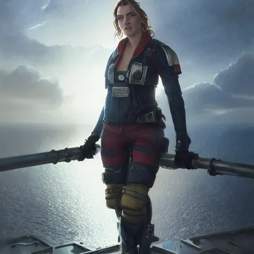 Prompt: a heroic portrait of young Kate Winslet mechanic with one prosthetic metallic gauntlet standing on a ship deck by Greg Rutkowski, ultra realistic, Sung Choi, photorealistic 8k, cinematic lighting, HD, high detail, atmospheric, trending on artstation