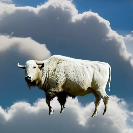 Prompt: a white bison in the clouds