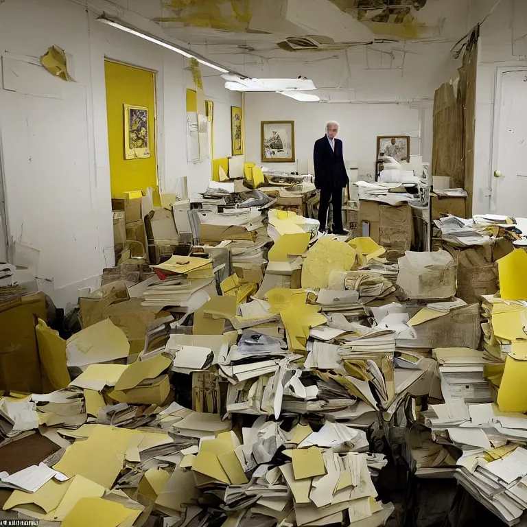 Prompt: the backrooms. Joe Biden lost in an endless office space with peeling yellow wallpaper lit by fluorescent lights with no windows