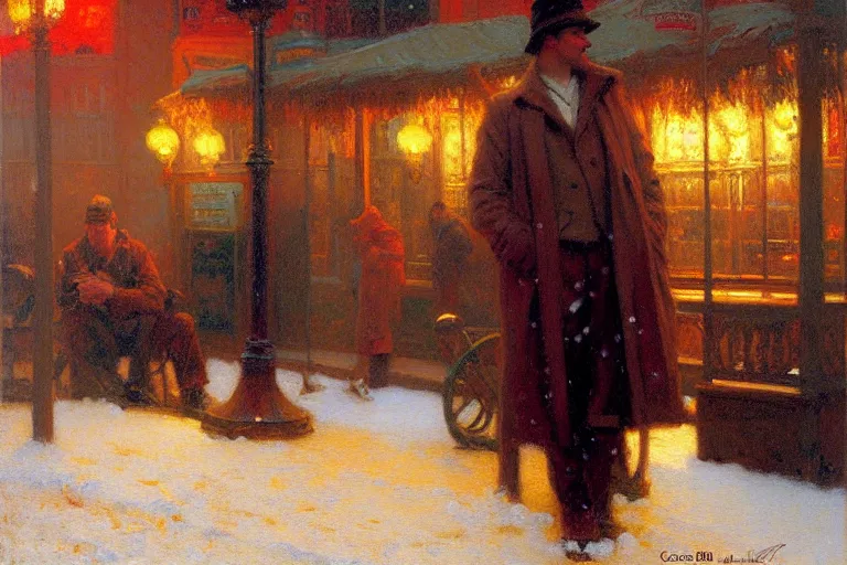 Image similar to winter, attractive male, neon light, painting by gaston bussiere, craig mullins, j. c. leyendecker