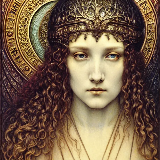 Image similar to detailed realistic beautiful young medieval queen face portrait by jean delville, gustave dore and marco mazzoni, art nouveau, symbolist, visionary, gothic, pre - raphaelite. horizontal symmetry