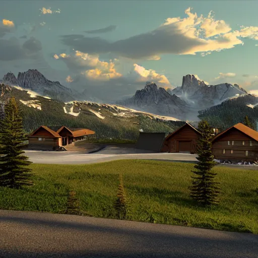 Image similar to montana alpine landscape with windy road and modern homes designed by charles haertling scattered on the mountainsides, photo realism, dramatic lighting, from a dream, high quality digital art, unreal engine