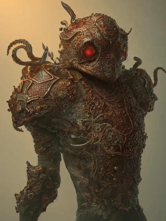 Image similar to full body frontview portrait of a warrior in octopus - like - armour, character design, designed in blender, 8 k hd, octane render, intricate and highly detailed, coloured with lots of colour, pose, fantasy, sharp focus, realistic, volumetric lighting