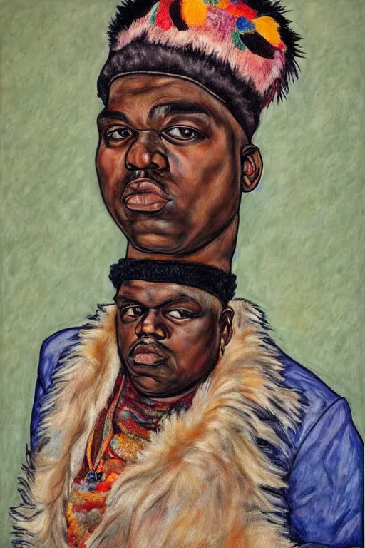 Image similar to a full body!! portrait of biggie smalls wearing boho - chic style clothes, with a fur muffler and feathers, realistic painting in egon schiele style, masterpiece, hyperdetailed, complex, intricate, 4 k, hyperrealistic, trending on artstation