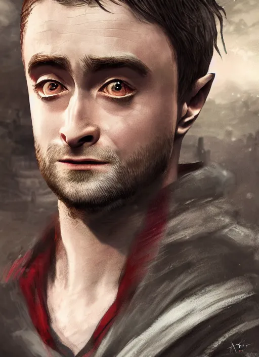 Image similar to A fantasy comic book style portrait painting of Daniel Radcliffe as a hobbit in dark castle setting, unreal 5, DAZ, hyperrealistic, octane render, RPG portrait, dynamic lighting