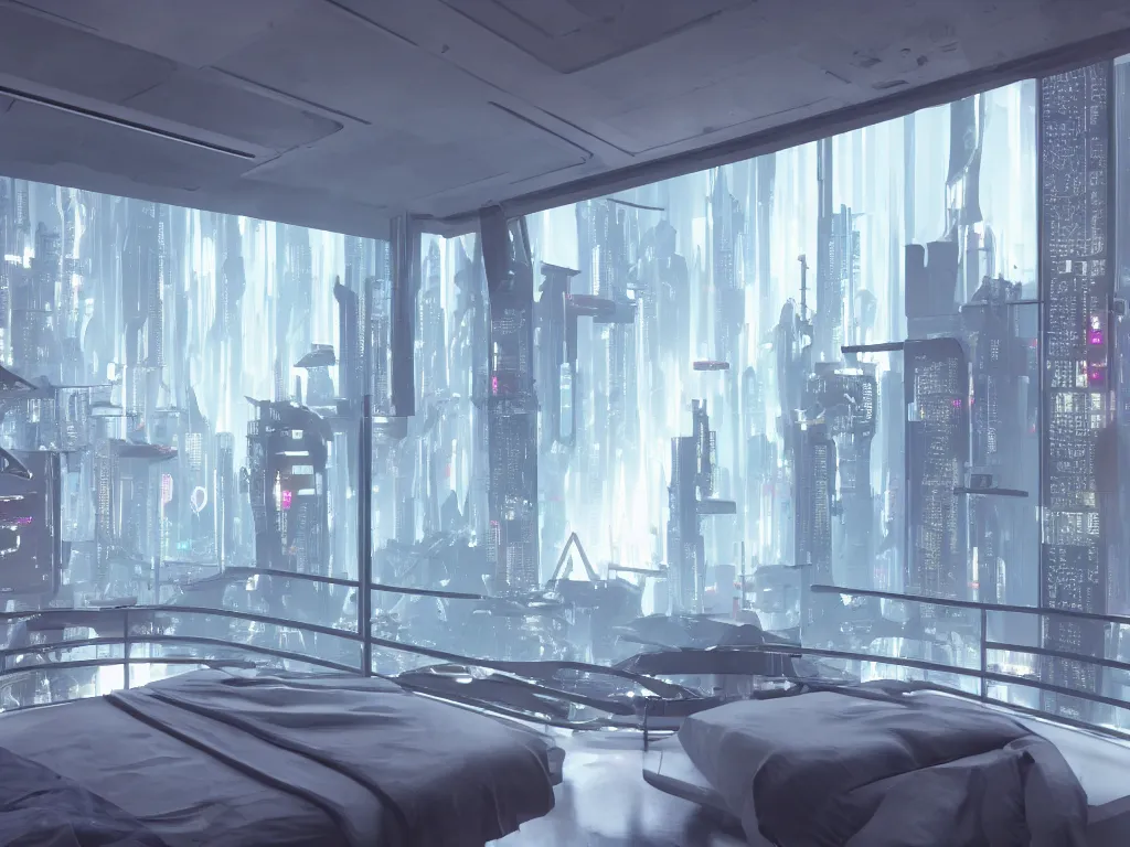 Image similar to a futuristic luxury white bedroom with ceiling high windows looking out to a far future cyberpunk cityscape with many flying cars, night time, neon lights, cinematic 3d render, unreal engine 5, cgsociety