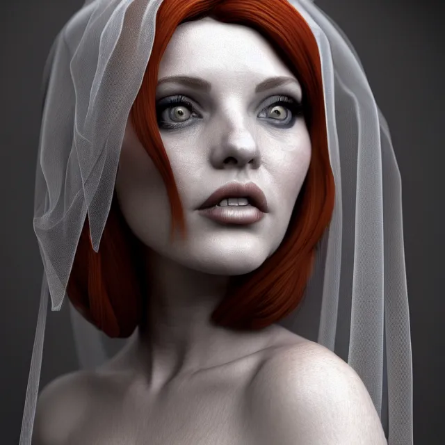 Prompt: a woman with auburn hair and a veil on her head standing in front of an open window, an ambient occlusion render by glennray tutor, featured on zbrush central, gothic art, houdini, zbrush, artstation hd