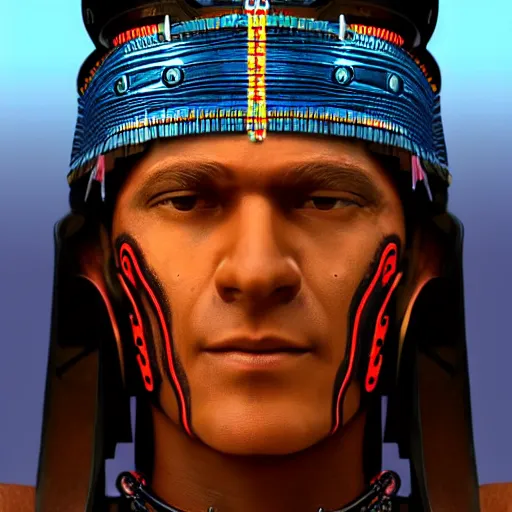 Image similar to a aztec/native american cybernetic mercenary in the style of Jean Giraud Photorealistic HD 8k highlights and shadow detailed High Resolution