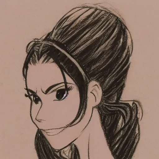 Image similar to milt kahl sketch of victoria justice with done up hair, tendrils covering face and ponytail as princess padme from star wars episode 3