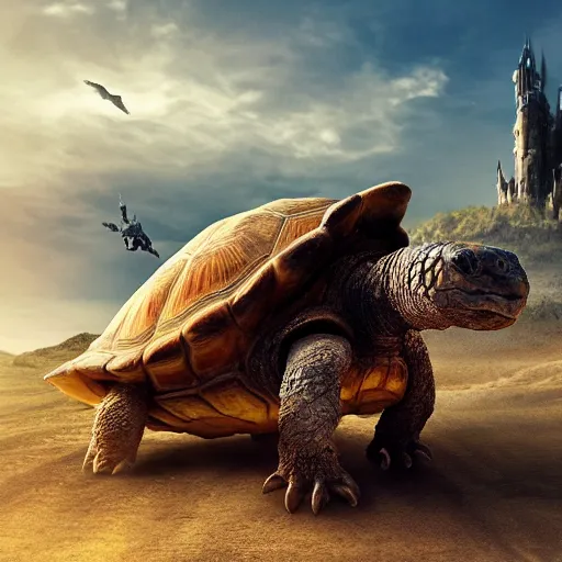 Image similar to gargantuan tortoise with a large fantasy castle armor walking through a sandy wasteland, howls moving castle, mortal engines, mid - distant shot centered birds eye view, fantasy, hyper detailed, 4 k