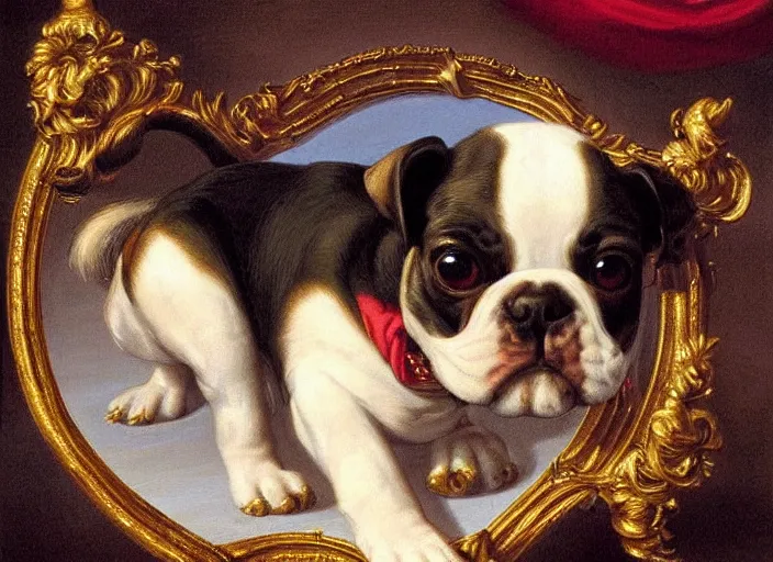 Prompt: baroque rococo painting The Royal Boston Terrior portrait Greg Hildebrandt high detail cute puppy