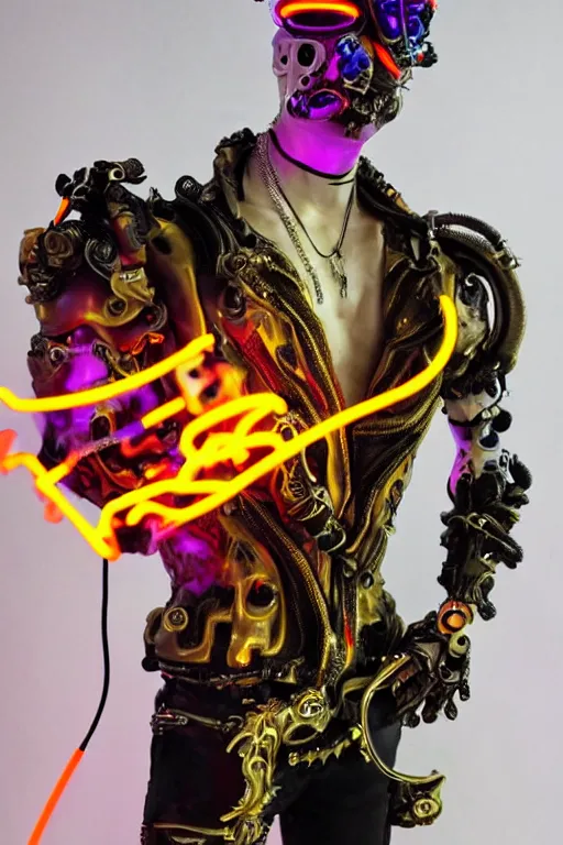 Image similar to full-body neon porcelain baroque cyberpunk style sculpture of a muscular handsome prince as a half-robot wearing retro shades, ruptured battery, leaking glowing neon radioactive liquid, electric sparks, glowing violet laser beam eyes, crown of giant diamonds, gold chain steampunk necklace, flowing purple satin, luminescent fabrics, mechanical roses. baroque and steampunk elements. full-length view. baroque element. intricate artwork by caravaggio. Trending on artstation, octane render, cinematic lighting from the right, hyper realism, octane render, 8k, depth of field, 3D