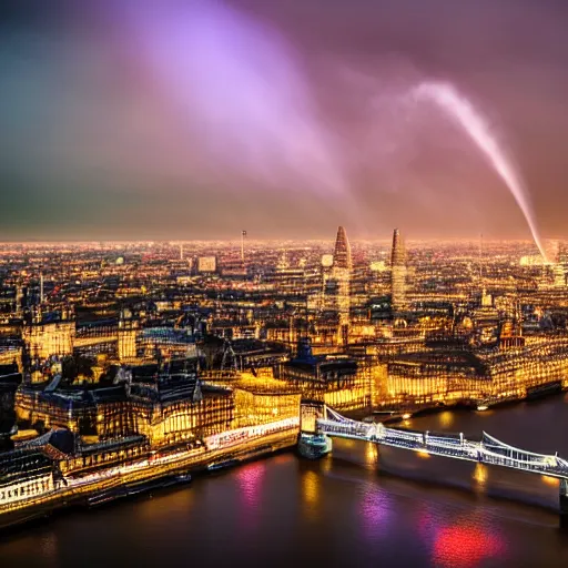 Prompt: london on fire aerial view volumetric lighting