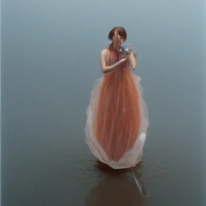 Image similar to a closeup portrait of a woman wrapped in plastic, standing next to a levitating mylar orb, in a foggy lake, color photograph, by vincent desiderio, canon eos c 3 0 0, ƒ 1. 8, 3 5 mm, 8 k, medium - format print