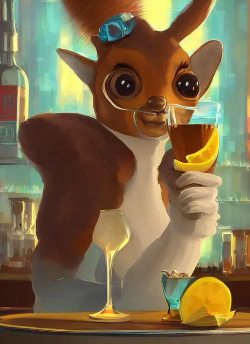 Image similar to a squirrel anthro as a dapper bartender with a big, fluffy tail, retro futurism, art deco, detailed painterly digital art by WLOP and Cory Loftis, 🐿🍸🍋, furaffinity, trending on artstation