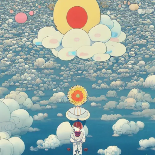 Image similar to a man walking on clouds above kyoto by takashi murakami, beeple and james jean, aya takano color style, 4 k, super detailed
