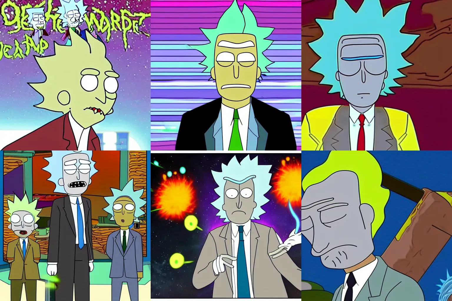 Prompt: geert wilders as a rick & morty character shooting lasers at headscarves