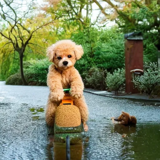 Prompt: A apricot colored toy poodle that looks like a teddy bear riding a bike in a beautiful park with a pond