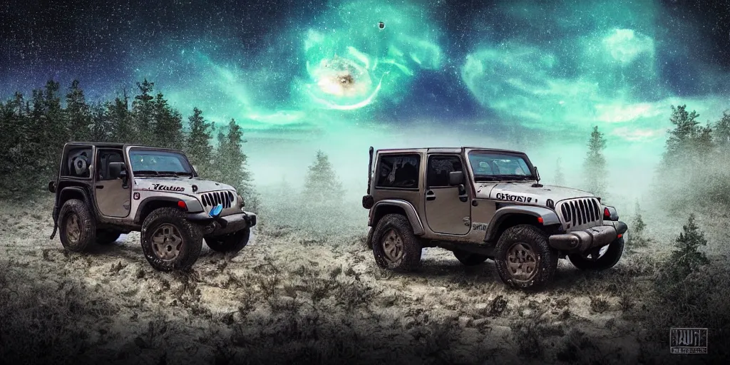 Prompt: a dirty 1997 hardtop Jeep Wrangler off road, digital painting, beautiful iridescent fog swallows the dirty alien planet, planets can be seen in the sky above, in front of an amazing forest, gritty, cinematic, extraordinary colorful landscape, photorealistic, soft vintage glow, smooth