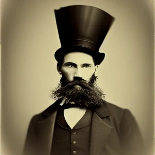 Image similar to A photograph portrait of Jerma985 in the mid-late 1800s with a top hat and beard, taken in the mid-late 1800s, grainy, taken on a Field View Camera, realistic, hyperrealistic, very realistic, highly detailed, very detailed, extremely detailed, detailed, digital art, trending on artstation