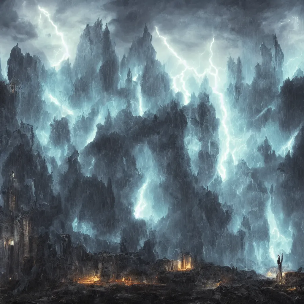 Image similar to a still of a cloaked figure standing in the ruins of crux prime, monastery, there is lightning, blue fiery maelstrom in the distance, it is raining, digital art, artstationhq