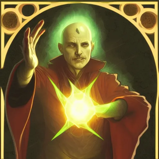 Prompt: a warlock is casting a magic spell, with magic orb floating in his hand , dynamic pose, natural lighting, medium level shot, Mucha style , Grim fantasy, illustration ,concept art,