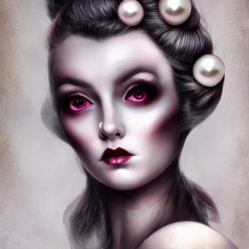 Image similar to of a woman inspired by Natalie Shau,Charlie bowater,Anna Dittman,pearls, hair bun in hair,jewellery in hair,cinematic