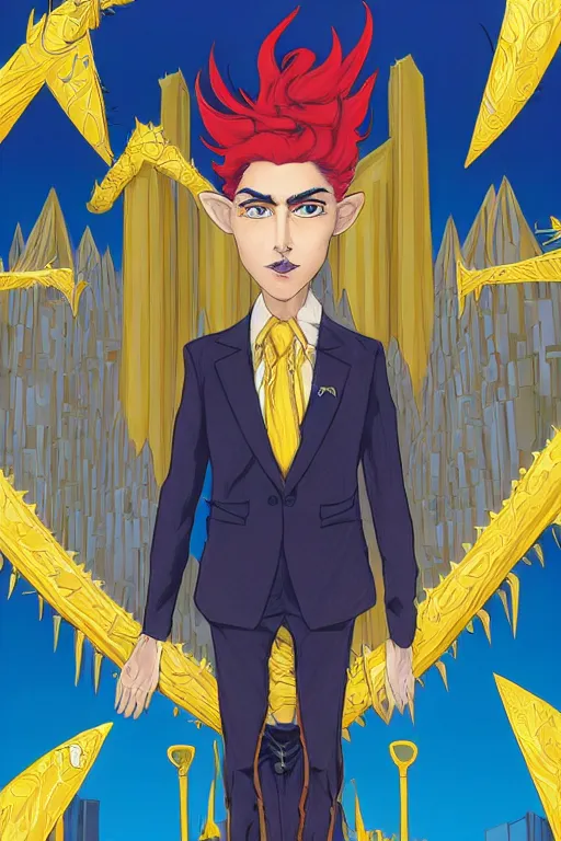 Image similar to portrait of a beautiful androgynous actress with long messy spiked red hair, golden eyes, dark skin, and tufted elf ears and dressed in a blue men's suit with a yellow tie, standing on a stone bridge with a fantasy metropolis of tall stone towers in the background