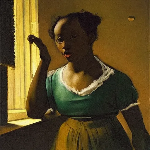 Image similar to a black girl in a gold haunted liminal room, digital painting by goya and balthus, colors by pontormo, lights by hopper, extreme detail, liminal aesthetic, background art nouveau,