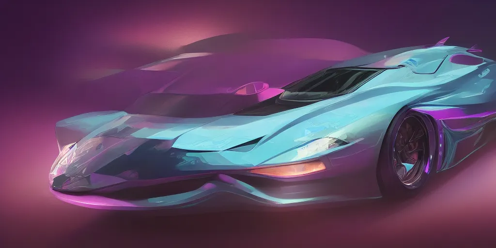 Image similar to full view of a car, painted in purple and teal holographic pearlescent, elegant, digital painting, concept art, smooth, sharp focus, art style from Wang Ke and Greg Rutkowski and Bruce Kaiser and Scott Robertson and Dmitry Mazurkevich and Doruk Erdem and Jon Sibal, small style cue from Blade Runner