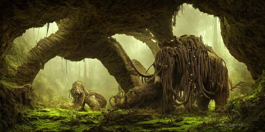 Image similar to magnificent mechanical steampunk mammoth looking eerily into a cave entrance with lush vegetation and mystical (((glowing algae))) in the sunset, desaturated, creepy ambiance, dangerous, sharp focus, highly detailed, artgerm