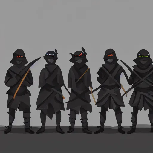 Prompt: a group of mysterious ninjas at the base of a crumbling wall, moonlight, concept art, ultra high definition, matte