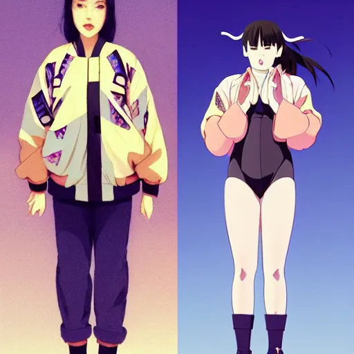 Image similar to a beautiful plus sized model japanese natalie portman, alluring, wearing oversized mayan bomber jacket and leotard with overalls, bulky poofy bomber jacket with mayan patterns, aztec street fashion, gapmoe yandere grimdark, trending on pixiv fanbox, painted by greg rutkowski makoto shinkai takashi takeuchi studio ghibli, akihiko yoshida