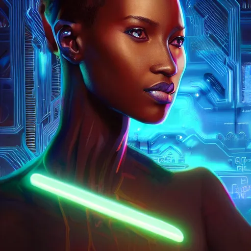 Prompt: african biopunk hacker, science fiction, highly detailed, digital painting, beautiful eyes, symmetry, concept art, sharp focus, illustration, global illumination, radiant light, synthwave colors, detailed and intricate environment, art by artgerm and greg rutkowski and magali villeneuve and ilya kuvshinov!