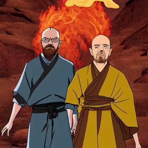 Image similar to Walter White and Jesse Pinkman in Avatar the Last Airbender life action movie, detailed