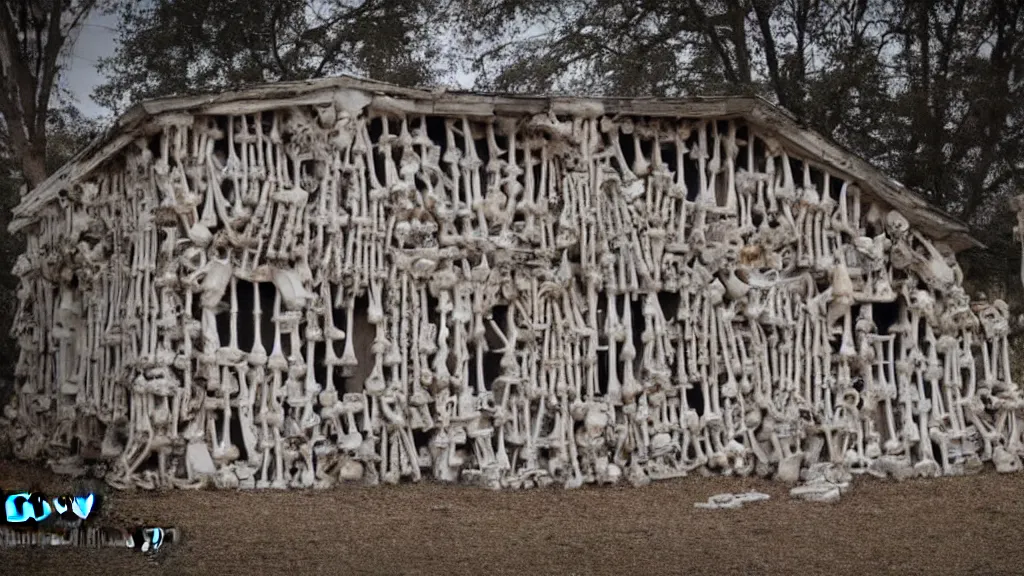 Prompt: photograph of a house made entirely out of bones