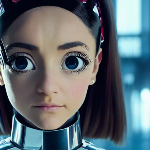 Image similar to cinematic still of ariana grande in alita : battle angel ( 2 0 1 9 ), xf iq 4, f / 1. 4, iso 2 0 0, 1 / 1 6 0 s, 8 k, raw, dramatic lighting, symmetrical balance, in - frame