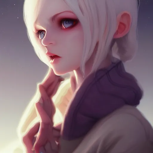 Prompt: a pale demoness with white hair, yellow eyes and horns wearing sweater and overalls on top. highly detailed, digital painting, artstation, matte, by makoto shinkai, animation style