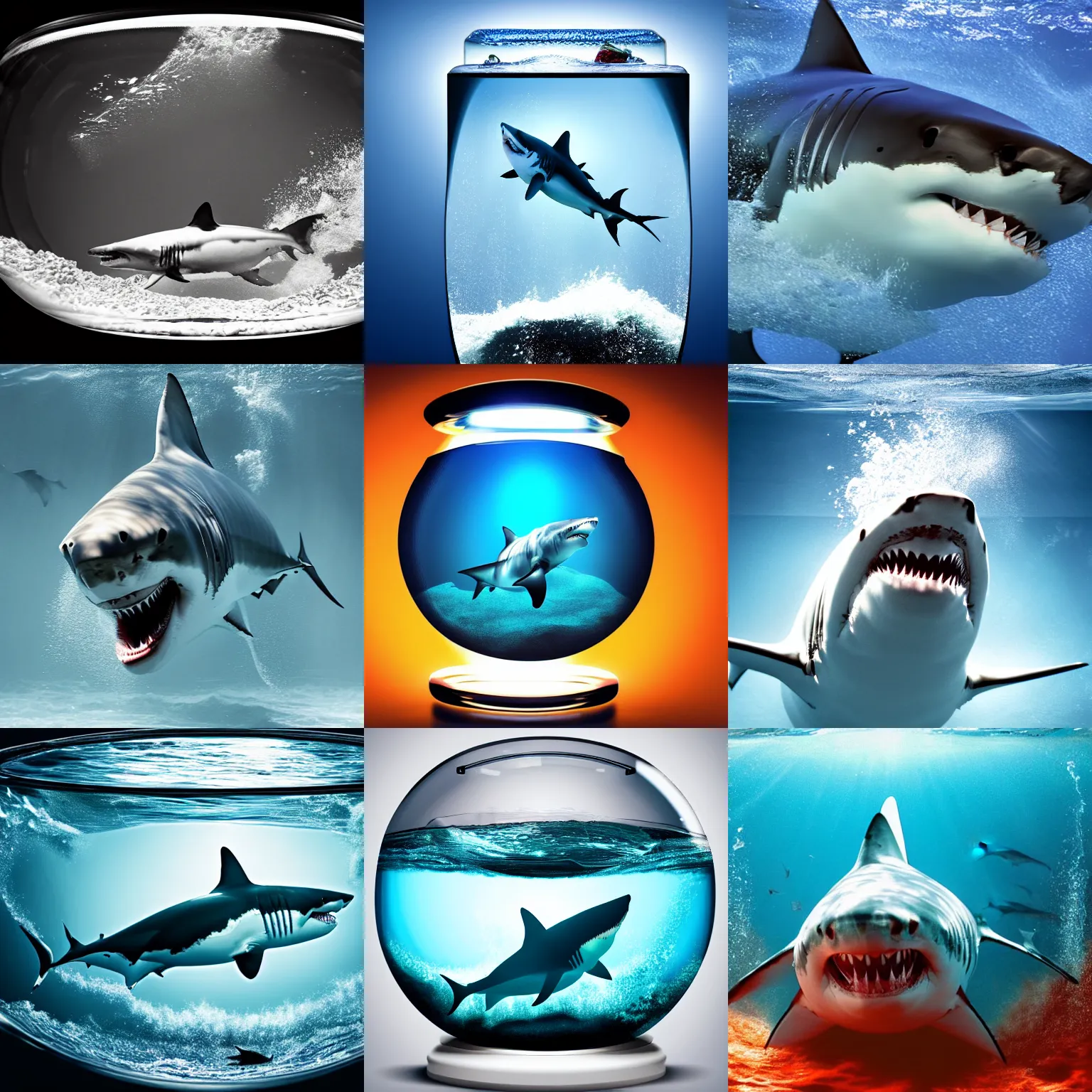 Prompt: A great white shark swimming inside a fishbowl, 4K