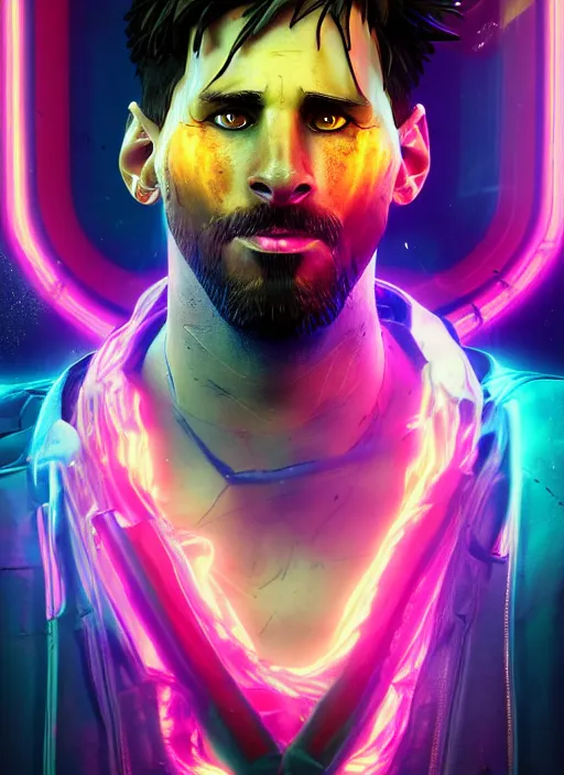 Image similar to glowwave portrait of messi from borderlands 3, au naturel, hyper detailed, digital art, trending in artstation, cinematic lighting, studio quality, smooth render, unreal engine 5 rendered, octane rendered, art style by klimt and nixeu and ian sprigger and wlop and krenz cushart.