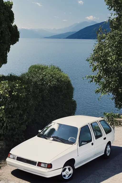 Prompt: Photo of a white 1997 Ford AU Falcon parked on a dock with Lake Como in the background, wide shot, daylight, blue sky, summer, dramatic lighting, award winning, highly detailed, 1980s, luxury lifestyle, fine art print, best selling.