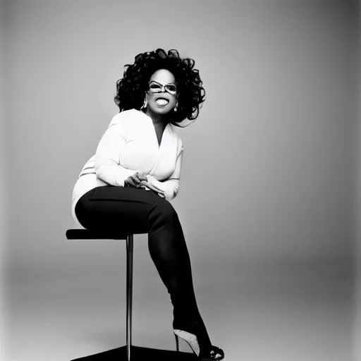 Image similar to oprah winfrey standing on the head of a midget, studio portrait, 3 5 mm